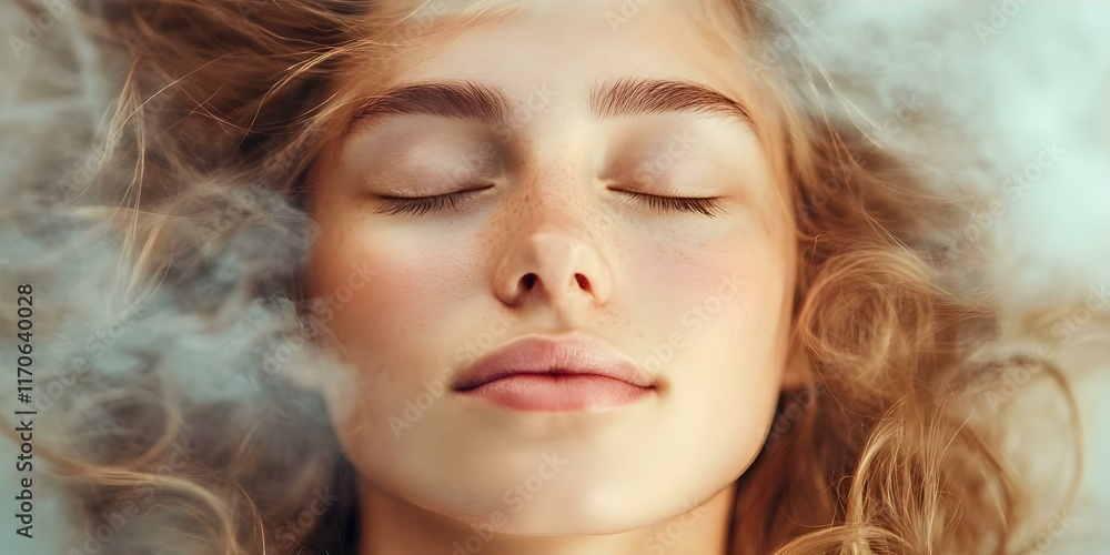 A close-up portrait of a serene young woman with closed eyes, surrounded by soft, swirling smoke or mist. Concept Serene Portrait, Soft Swirling Mist, Close-Up Photography, Tranquil Expressions A close-up portrait of a serene young woman with closed eyes, surrounded by soft, swirling smoke or mist. Concept Serene Portrait, Soft Swirling Mist, Close-Up Photography, Tranquil Expressions