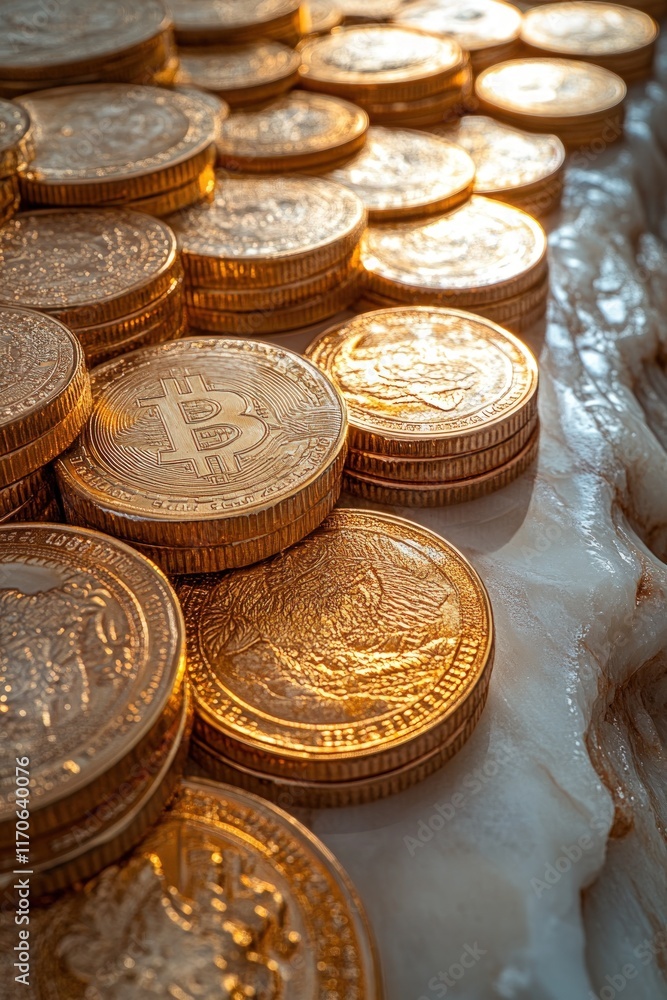 Golden Bitcoin stacks on marble surface. Golden Bitcoin stacks on marble surface.
