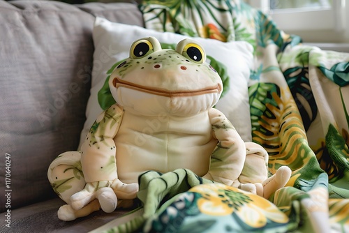 A soft, oversized frog toy with a cheerful and friendly expression. photo