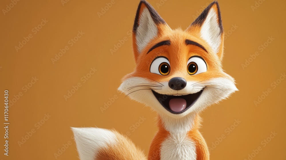 Obraz premium Happy cartoon fox with big smile, orange background.