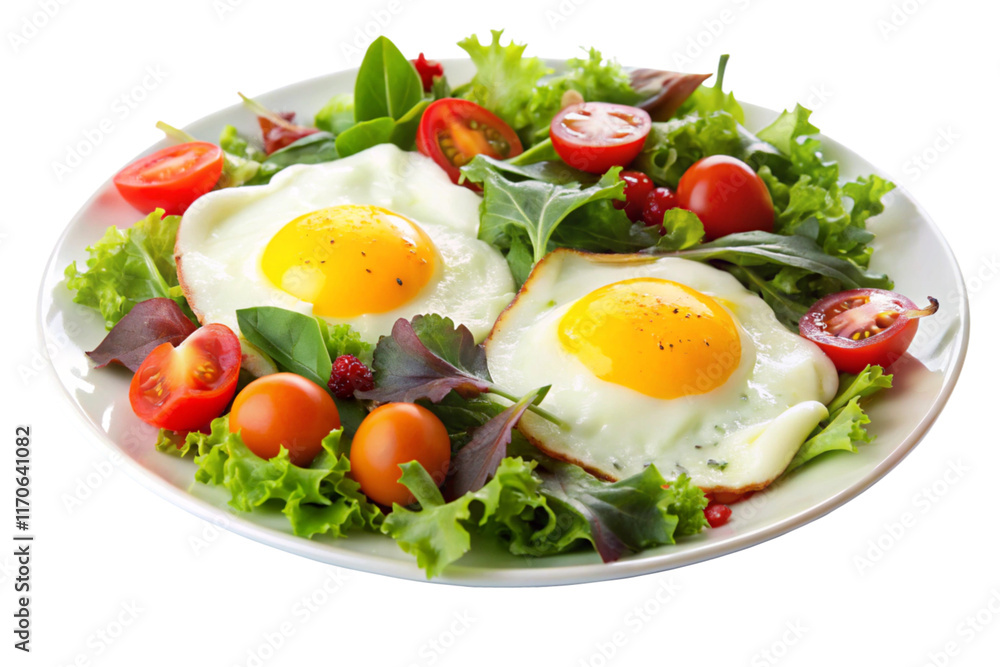 Fried eggs and salad on white background Fried eggs and salad on white background