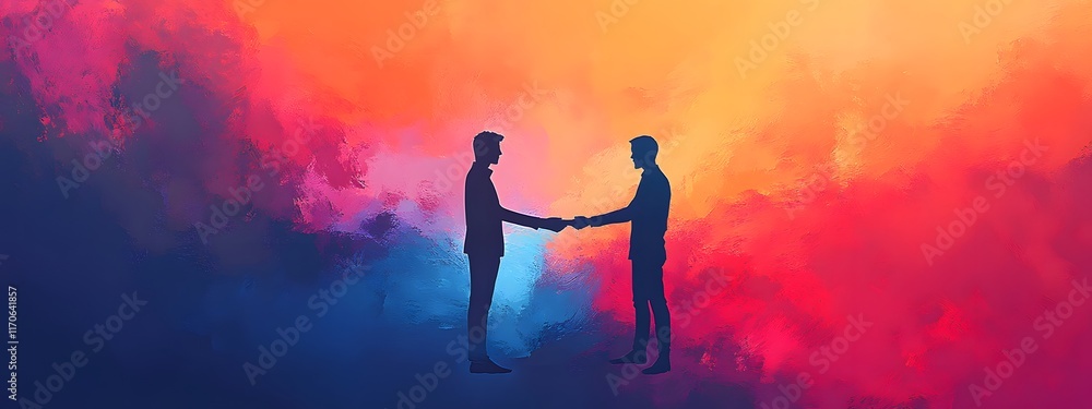 Naklejka premium Two Silhouettes Shake Hands Against A Vibrant Background