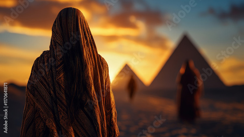 This stunning image features a silhouetted figure in traditional attire, standing against the backdrop of the ancient pyramids during a vibrant sunset, evoking a sense of history. photo