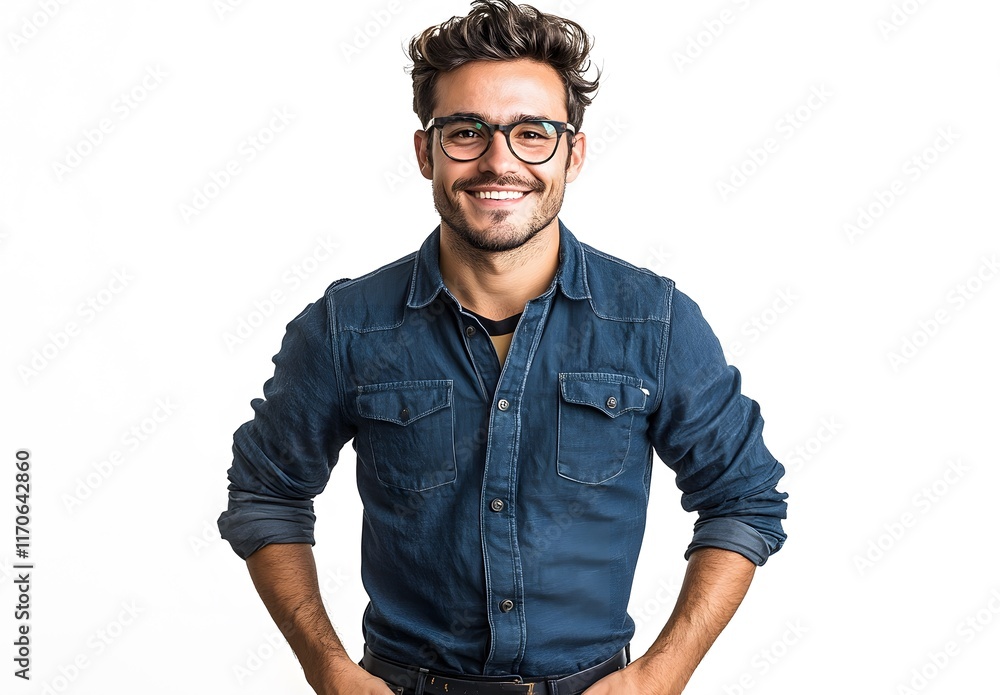 Smiling Man Wearing Glasses and Denim Shirt Smiling Man Wearing Glasses and Denim Shirt