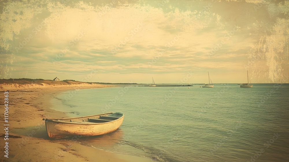 Fototapeta premium Tranquil Seascape with Rowboat on Sandy Shore