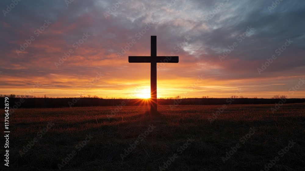 A silhouette of a cross against a vibrant sunset in a grassy field. A silhouette of a cross against a vibrant sunset in a grassy field.