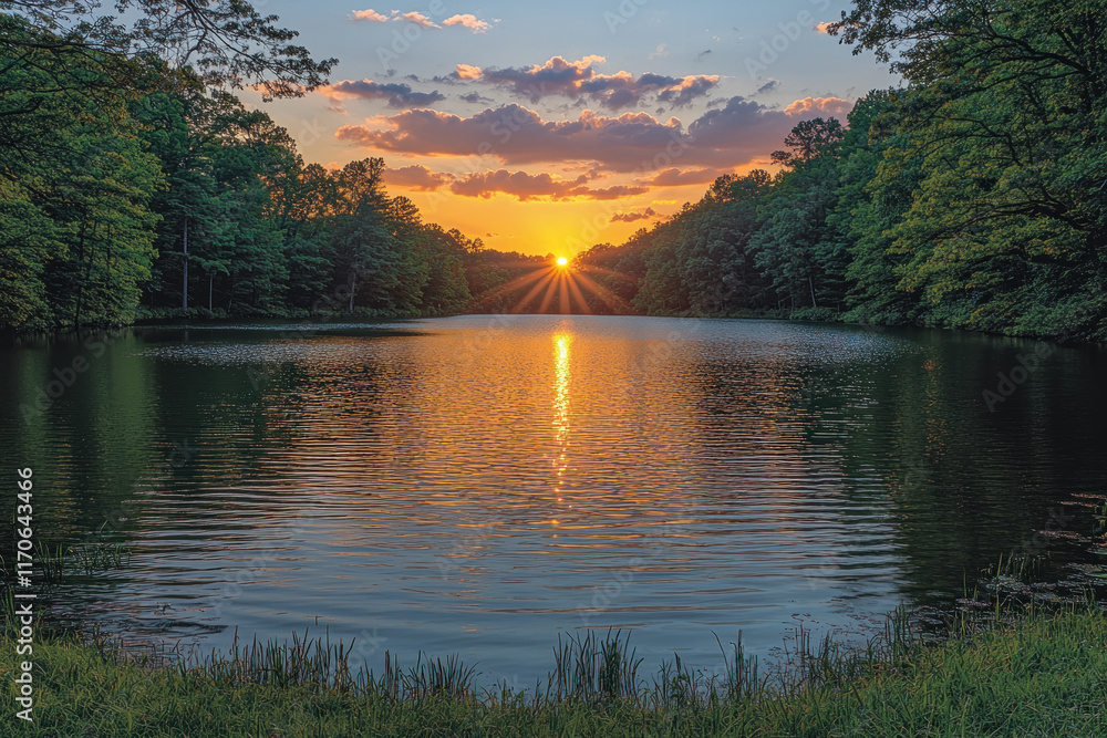 Naklejka premium Tranquil lake sunset with vibrant colors reflecting on calm water surrounded by lush trees.