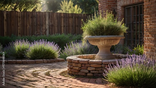A brick walkway with a stone wall and a large vase of purple flowers