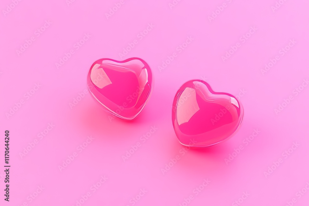 Two glossy pink hearts on a soft pink background representing love and affection for decorations or themed celebrations Two glossy pink hearts on a soft pink background representing love and affection for decorations or themed celebrations