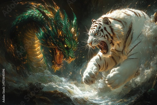 Green dragon battles white tiger in water.