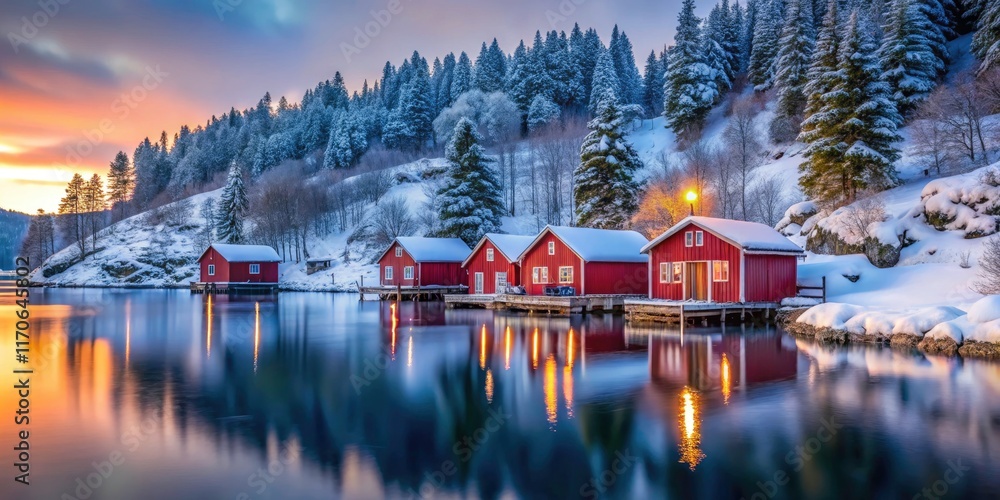 Fototapeta premium Cozy Red Cabins in a Snowy Harbor at Dusk - Winter Wonderland Landscape