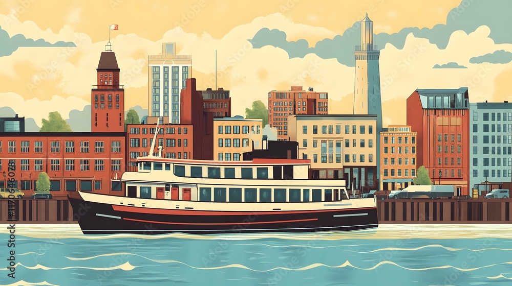 Fototapeta premium Cityscape Featuring Ferry Boat and Waterfront Buildings