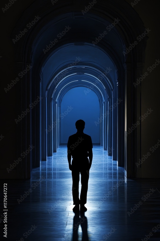 Silhouette of a Person in an Art Gallery at Night with Blue Lighting Silhouette of a Person in an Art Gallery at Night with Blue Lighting
