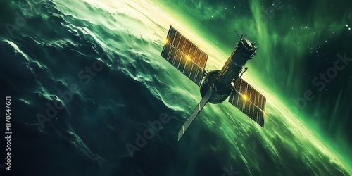 Satellite Orbiting Earth Under Stunning Green Aurora Lights
