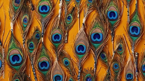 A close up of many peacock feathers with a yellow background
