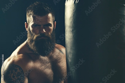 Bearded male boxer training with punching bag on black background. Male boxer as exercise for the big fight. 
