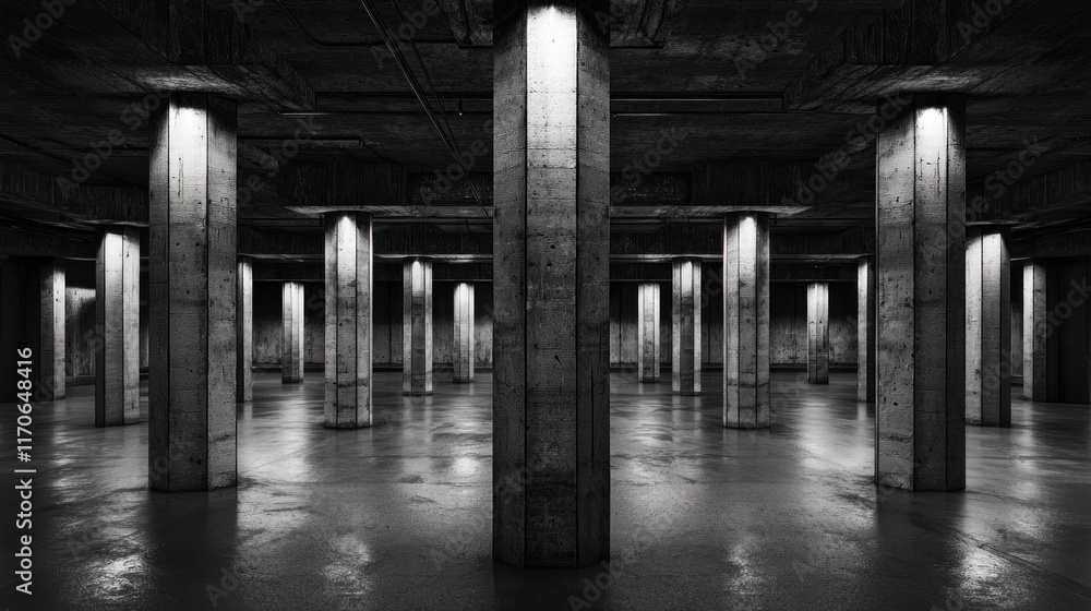 Fototapeta premium Concrete Columns in a Dark Underground Space