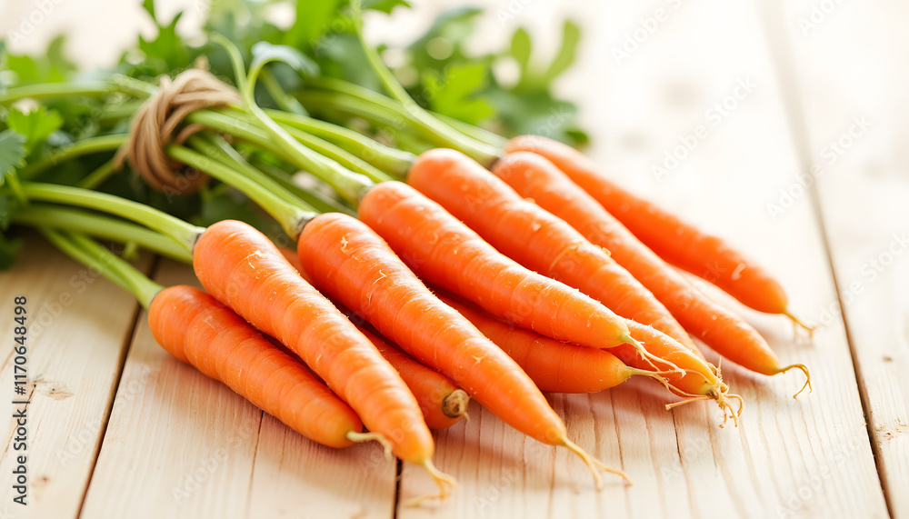 Freshly picked carrots tied with twine on wooden surface, farm freshness Freshly picked carrots tied with twine on wooden surface, farm freshness
