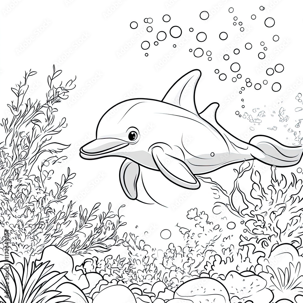 Obraz premium Happy Dolphin Underwater Coloring Page: Simple Illustration for Kids