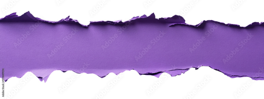 Fototapeta premium Torn Purple Paper Design, vibrant purple with jagged edge, centered for text, minimalist, striking contrast against white background
