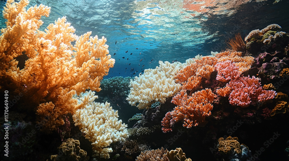 Fototapeta premium Vibrant coral reef with diverse marine life under sunlit ocean surface.