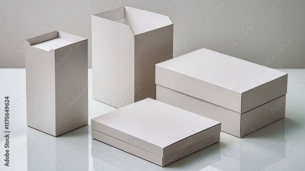Three White Retail Boxes Displayed in Neat Arrangement on Shelves Three White Retail Boxes Displayed in Neat Arrangement on Shelves