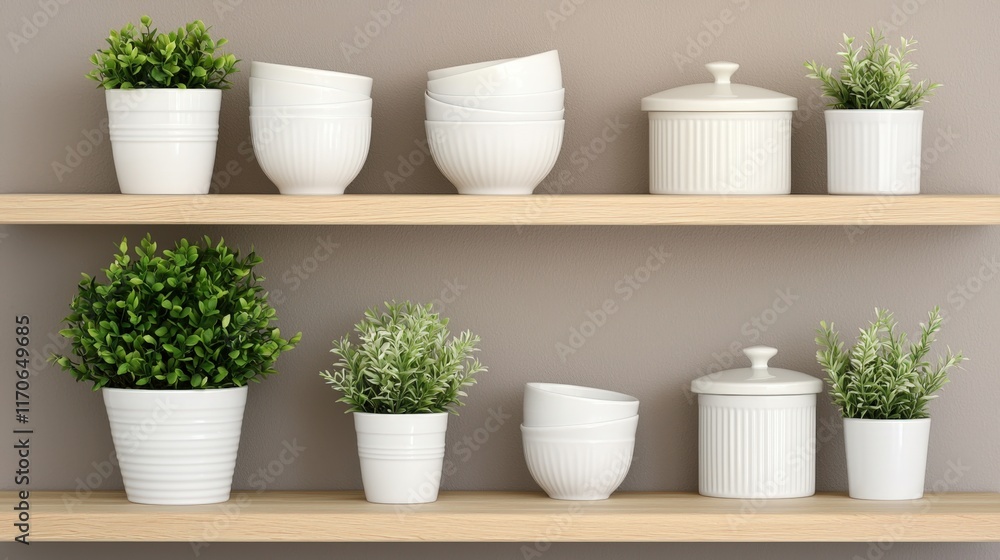 Stylish kitchen and shelf displays, A minimalist display of white pottery and small green plants arranged neatly on wooden shelves against a neutral wall. Stylish kitchen and shelf displays, A minimalist display of white pottery and small green plants arranged neatly on wooden shelves against a neutral wall.