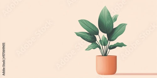 Modern Plant Illustration with Green Leaves in Orange Pot on Pastel Background