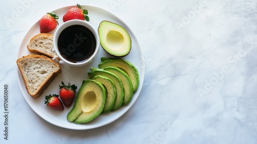 Balanced Breakfast with Coffee, Avocado, Toast, and Strawberries