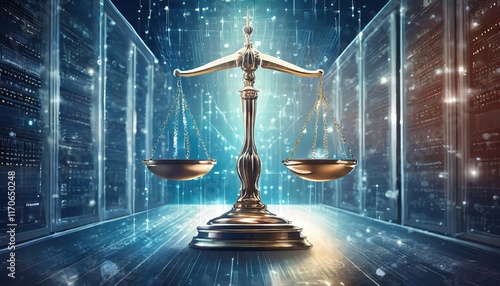 Digital Law Concept Scales of Justice Overlaid on a Modern Data Center, Representing the Duality of Judiciary and Jurisprudence in the Age of Technology photo