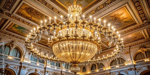 Opulent chandelier hung from high ceiling of grand ballroom, glamour, refined,  glamour