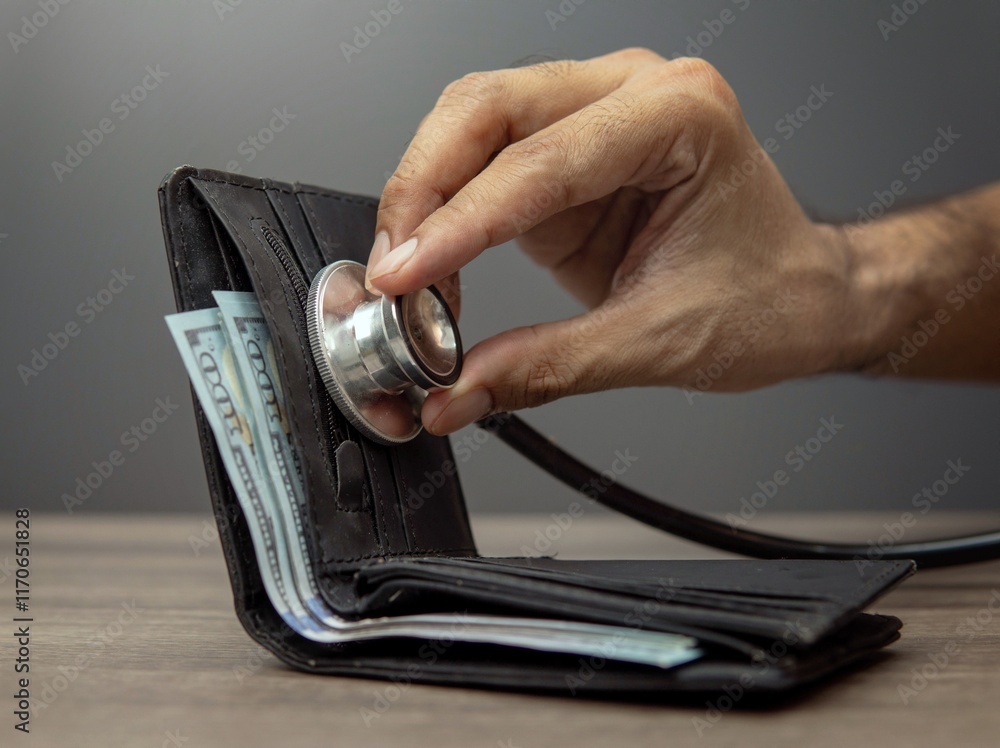 A hand holds a stethoscope over an open wallet with money inside, symbolizing the concept of financial health and status. A hand holds a stethoscope over an open wallet with money inside, symbolizing the concept of financial health and status.