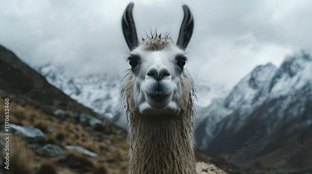 Obraz premium a close up shot of a llama looking to camera in andes mountains