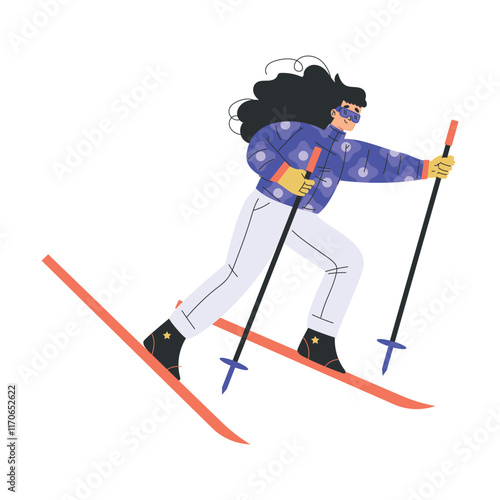 Woman Skiing Downhill with Pole in Winter Vector Illustration