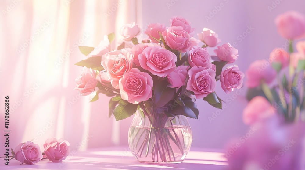 Obraz premium Beautiful bouquet flowers pink roses in vase on pastel pink background table. Birthday, Wedding, Mother's Day, Valentine's day, Women's Day. Front view 