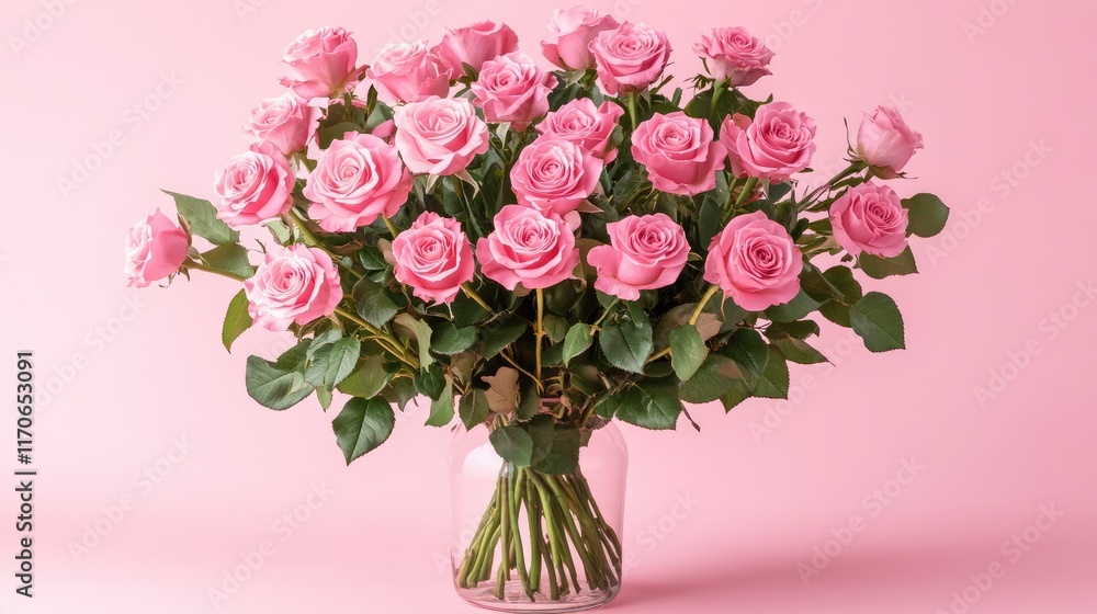 Fototapeta premium Beautiful bouquet flowers pink roses in vase on pastel pink background table. Birthday, Wedding, Mother's Day, Valentine's day, Women's Day. Front view 
