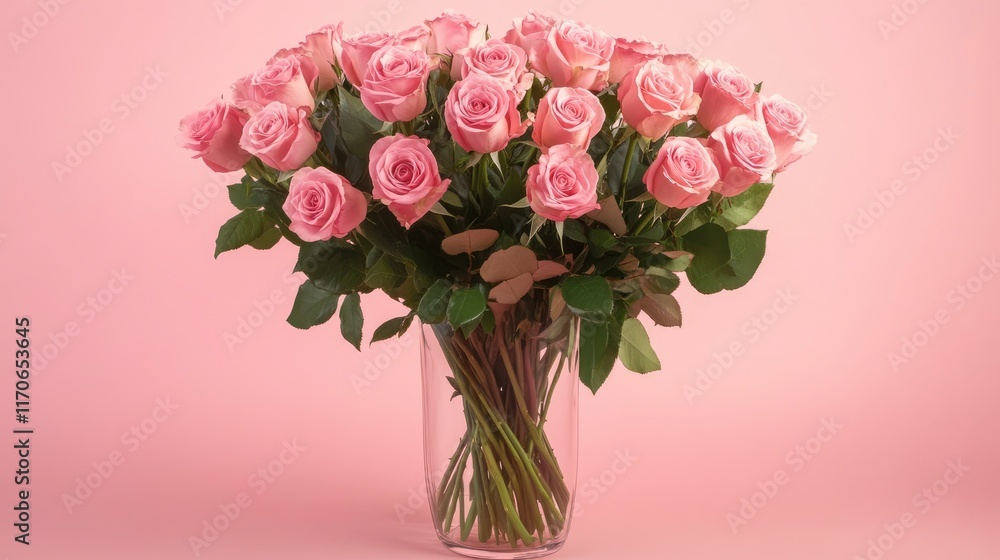 Fototapeta premium Beautiful bouquet flowers pink roses in vase on pastel pink background table. Birthday, Wedding, Mother's Day, Valentine's day, Women's Day. Front view 
