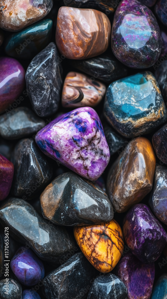 Polished Gemstones with Vibrant Colors and Intricate Patterns – Close-Up Mineral Art Polished Gemstones with Vibrant Colors and Intricate Patterns – Close-Up Mineral Art