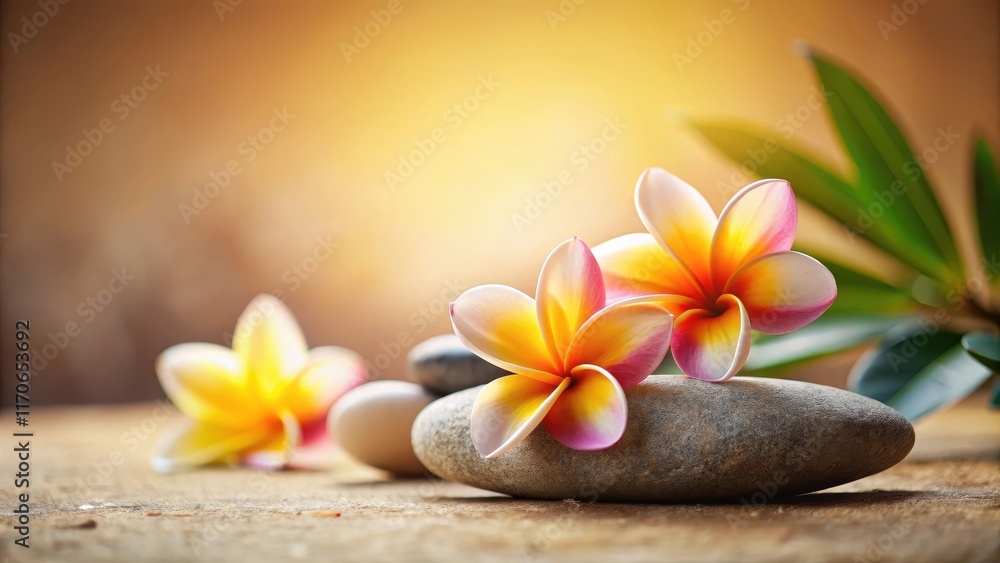 A serene Zen stone surrounded by vibrant frangipani flowers, set against a warm beige background, exuding peaceful tranquility and balance in nature, frangipani, balance A serene Zen stone surrounded by vibrant frangipani flowers, set against a warm beige background, exuding peaceful tranquility and balance in nature, frangipani, balance