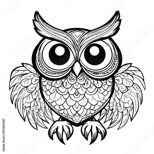 Simple Coloring Page: Adorable Owl with Decorative Feathers for Kids photo