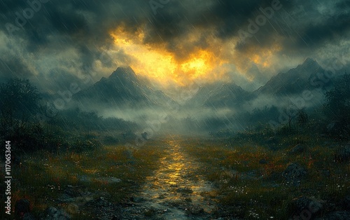 Desolate Battlefield Under Stormy Sky Scattered with Weapons and Armor After Medieval Conflict photo