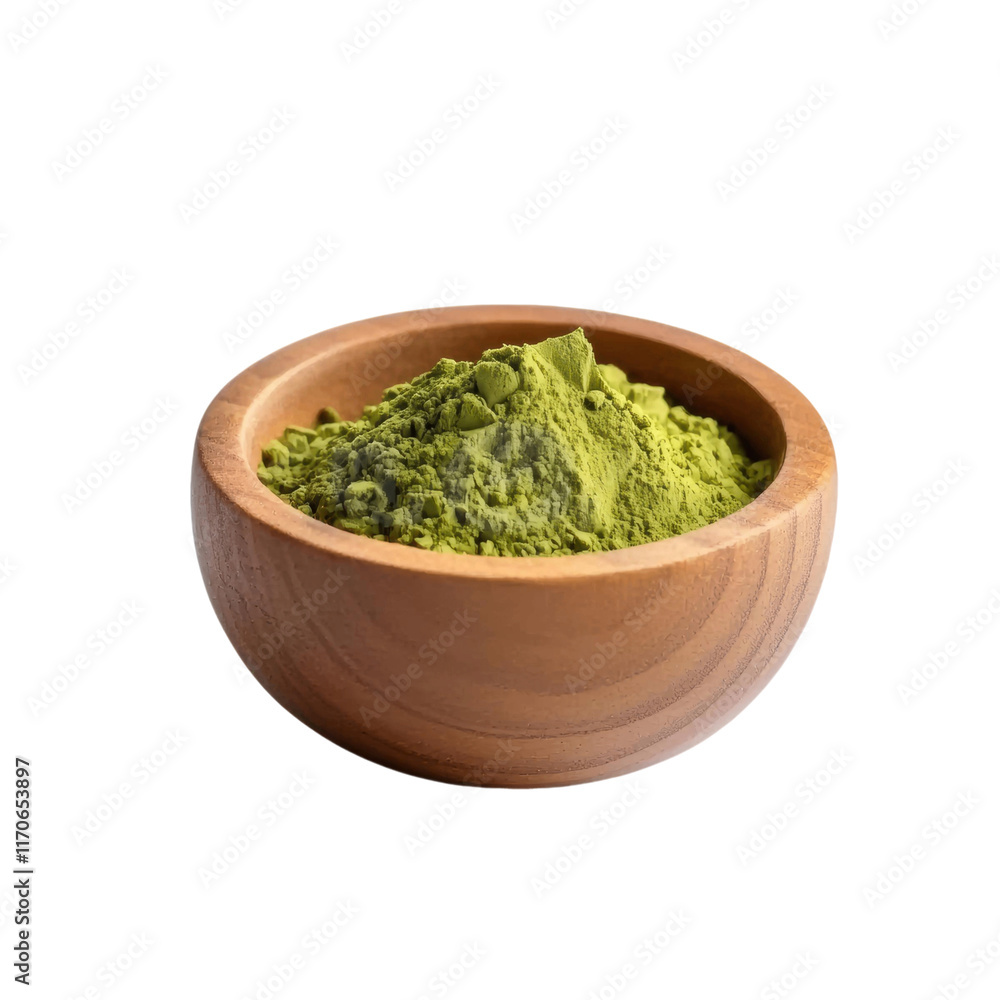 Matcha powder in wooden bowl, vibrant green color Matcha powder in wooden bowl, vibrant green color