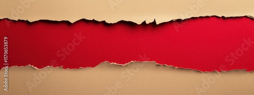 Beige Torn Paper with Red Accent, minimalist composition featuring jagged edge, bold contrast for impactful text presentation