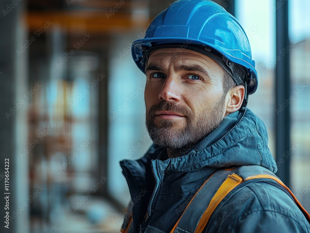Fototapeta premium Engineer Construction Worker Helmet Man Japanese Profile Business Infrastructure Improvement Maintenance Building Copy Space Advertisement Manpower Workwear Director