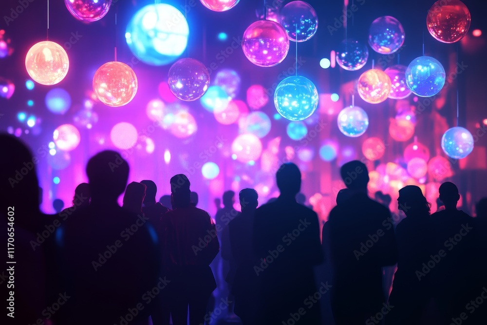 Fototapeta premium Colorful Bokeh Lights and Silhouetted People at Night Event