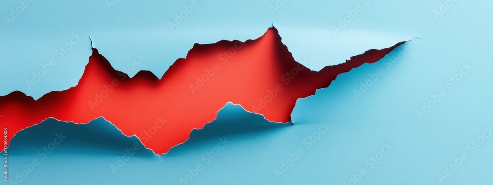 Fototapeta premium Torn light blue paper with vibrant red sheet on light blue background, minimalist design, striking color contrast, ideal for text placement