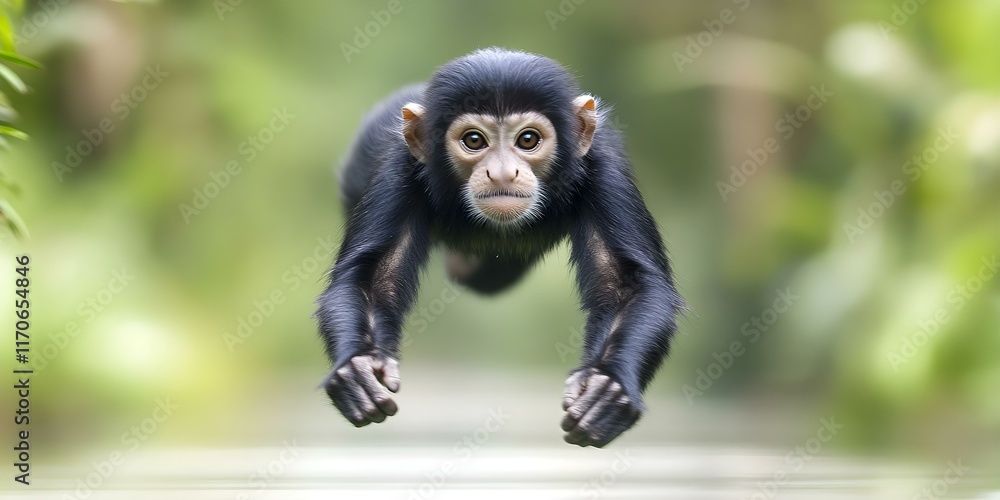 Fototapeta premium A small monkey is leaping through the air, showcasing its agility against a blurred natural background. Concept Monkey Agility, Nature Background, Dynamic Leap, Wildlife Photography, Playful Moment