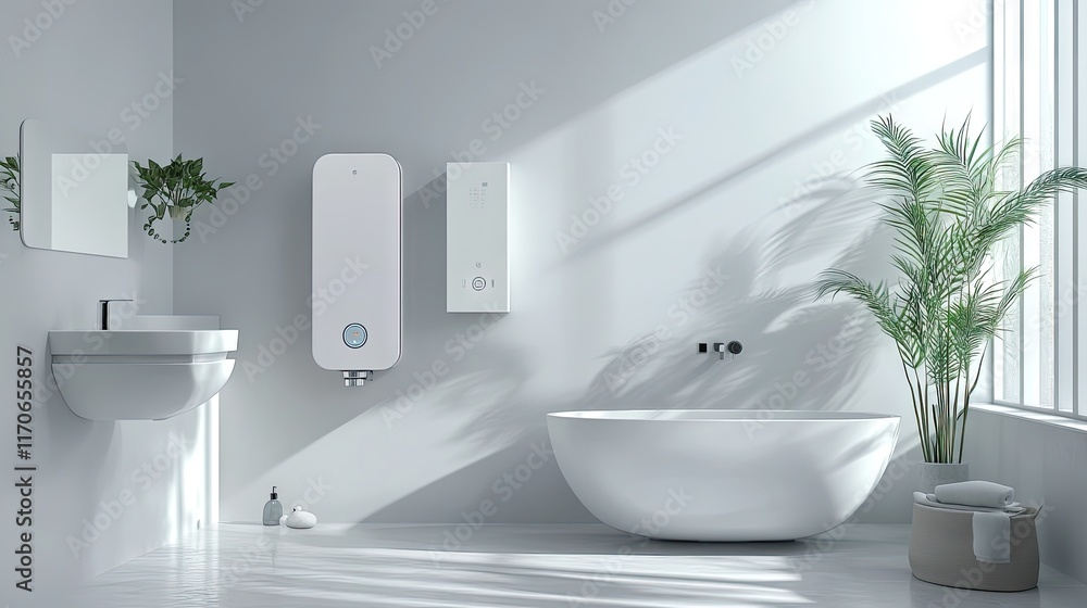 Fototapeta premium A serene modern bathroom interior featuring cutting-edge water heater technology and sleek decor.