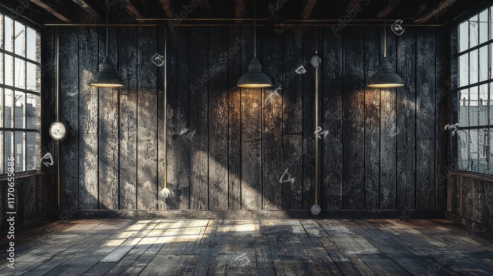 Fototapeta premium Rustic Industrial Interior: Sunlight Illuminates Aged Wood Walls and Vintage Lamps