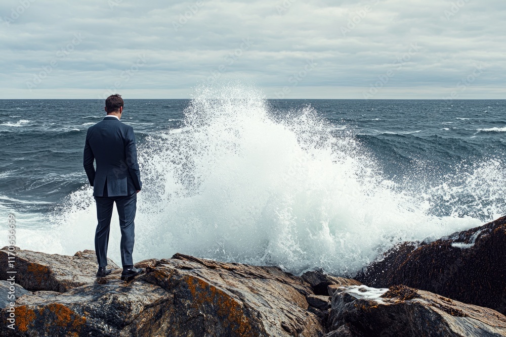 Businessman Observing Powerful Ocean Waves Crashing Businessman Observing Powerful Ocean Waves Crashing